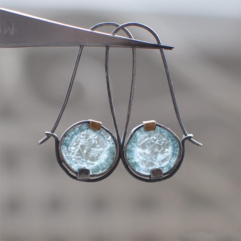 handcrafted dual tone light blue circular earrings bohemian vacation style fashion ear jewelry details 0