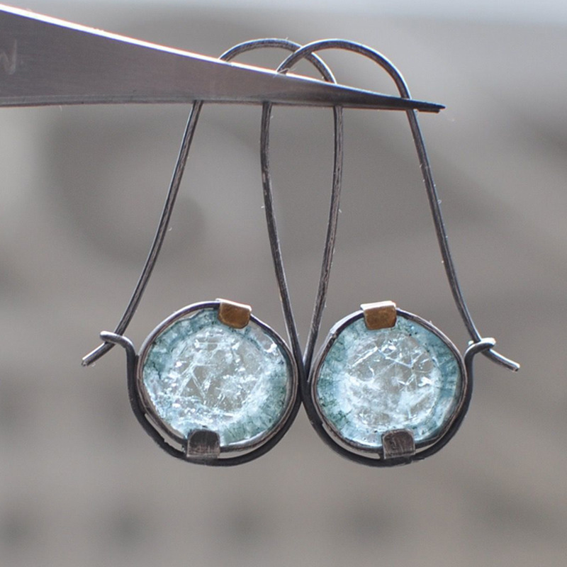handcrafted dual tone light blue circular earrings bohemian vacation style fashion ear jewelry details 2