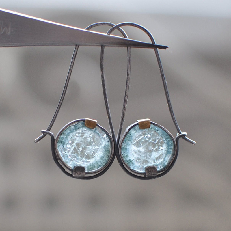 handcrafted dual tone light blue circular earrings bohemian vacation style fashion ear jewelry details 4
