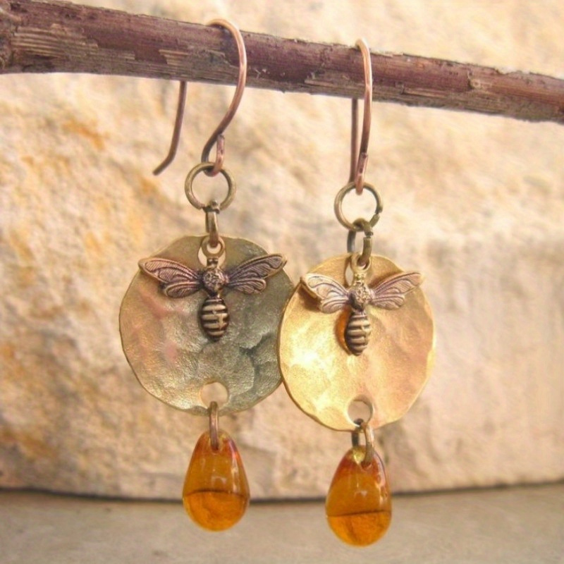honey bee earrings hand hammered honey amber earrings amber glass dangle earrings honey bee jewelry amber jewelry gift for details 0