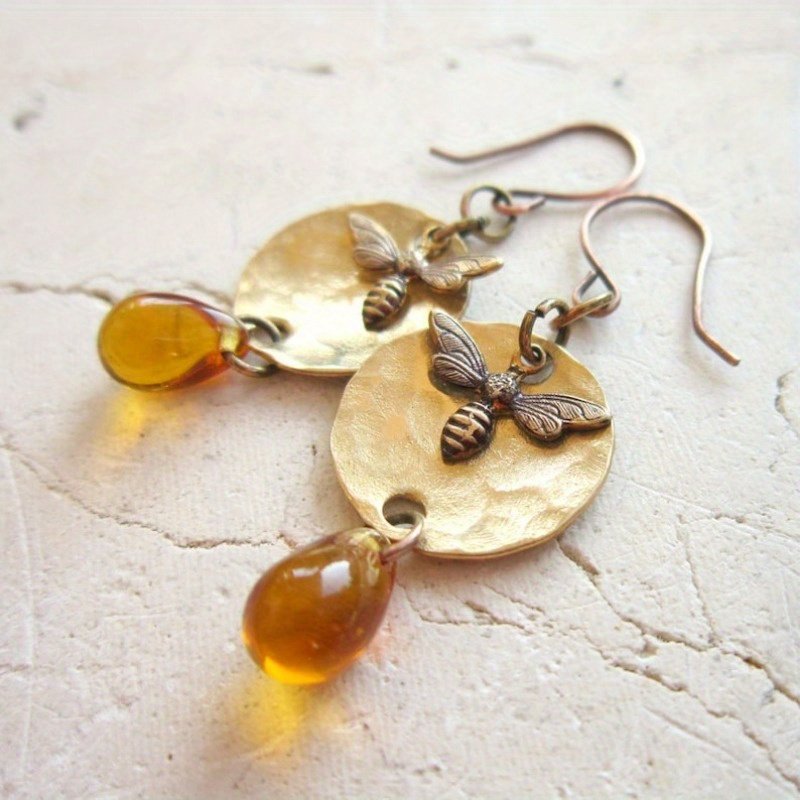 honey bee earrings hand hammered honey amber earrings amber glass dangle earrings honey bee jewelry amber jewelry gift for details 1