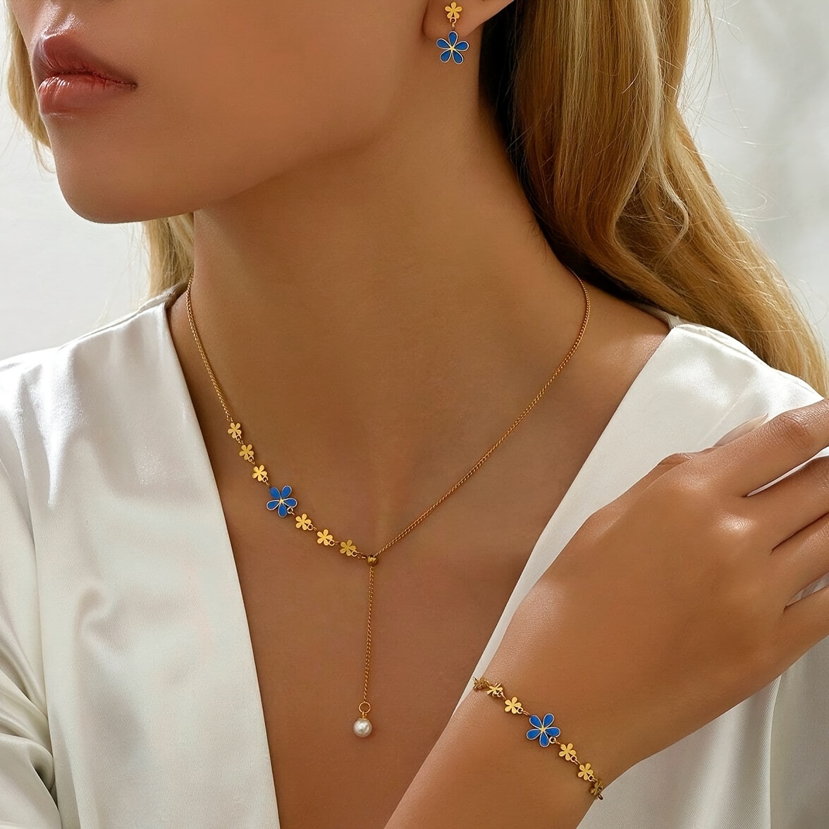 4pcs set stainless steel glaze flower necklace bracelet with zircon inlay 18k gold plated sweet and romantic style ideal for daily and commuting holiday party to wear details 0