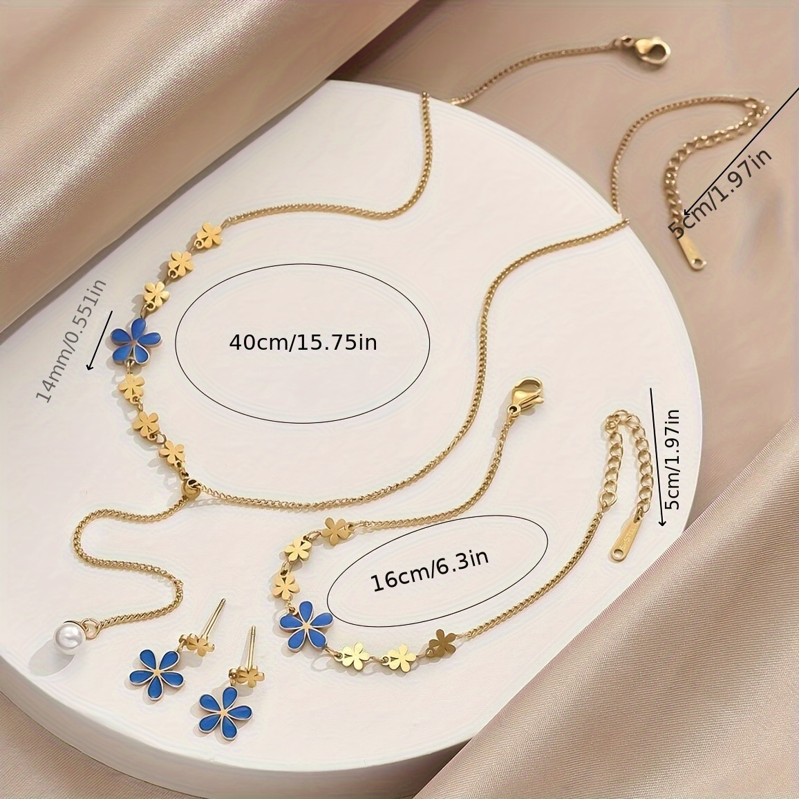 4pcs set stainless steel glaze flower necklace bracelet with zircon inlay 18k gold plated sweet and romantic style ideal for daily and commuting holiday party to wear details 2