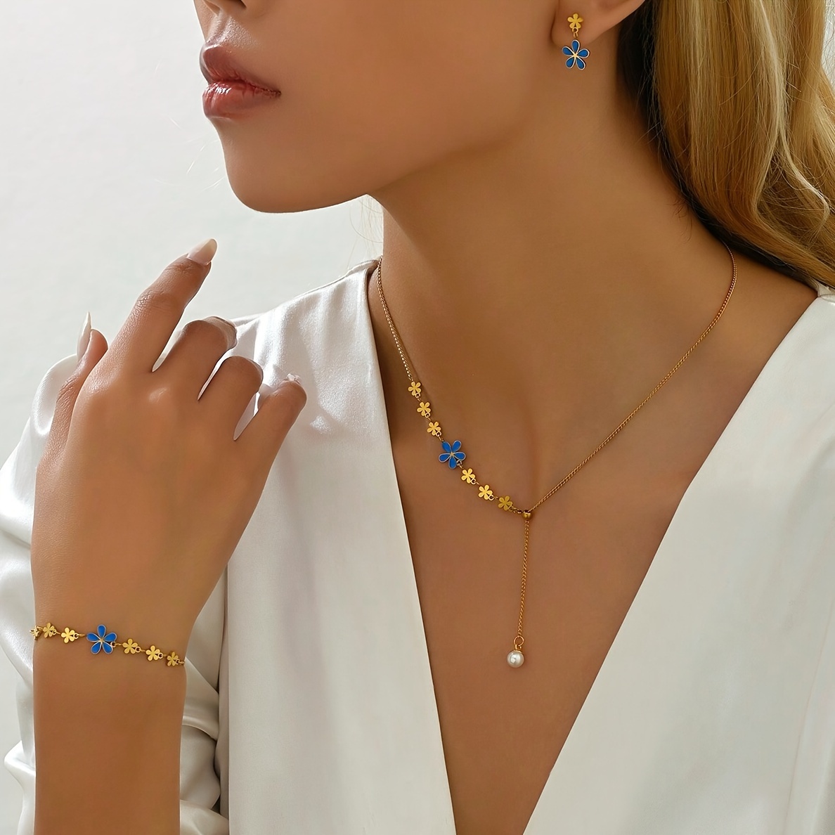 4pcs set stainless steel glaze flower necklace bracelet with zircon inlay 18k gold plated sweet and romantic style ideal for daily and commuting holiday party to wear details 4