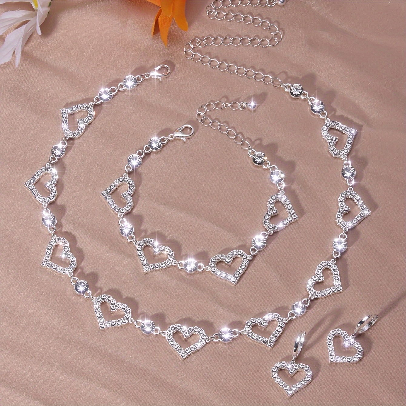 4 pcs valentines vintage rhinestone heart jewelry set adjustable necklace earrings bracelet set details 0