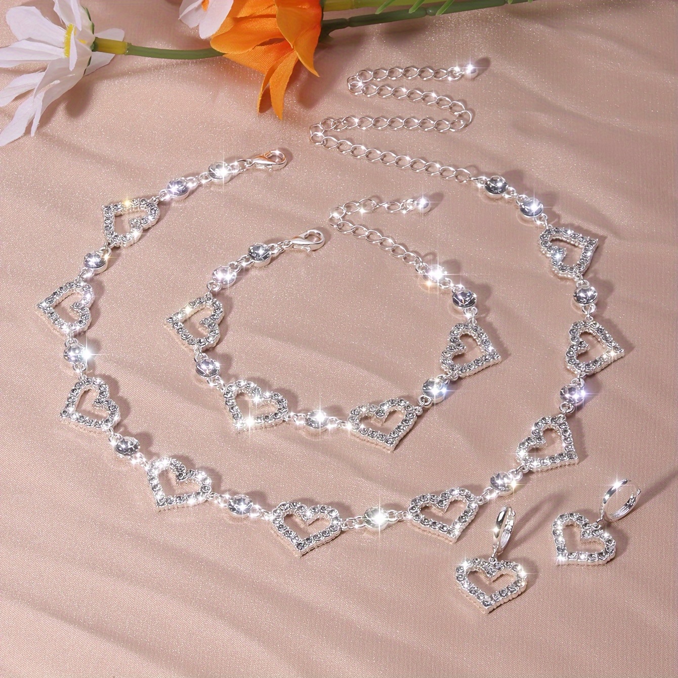 4 pcs valentines vintage rhinestone heart jewelry set adjustable necklace earrings bracelet set details 3