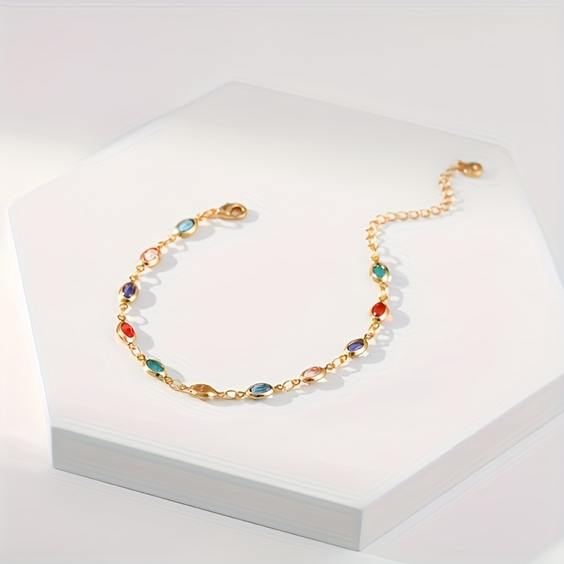 elegant simple style 18k gold plated bracelet with multicolored oval glass gemstones for daily wear and gift giving details 0