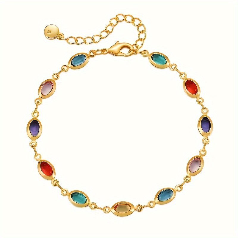 elegant simple style 18k gold plated bracelet with multicolored oval glass gemstones for daily wear and gift giving details 1
