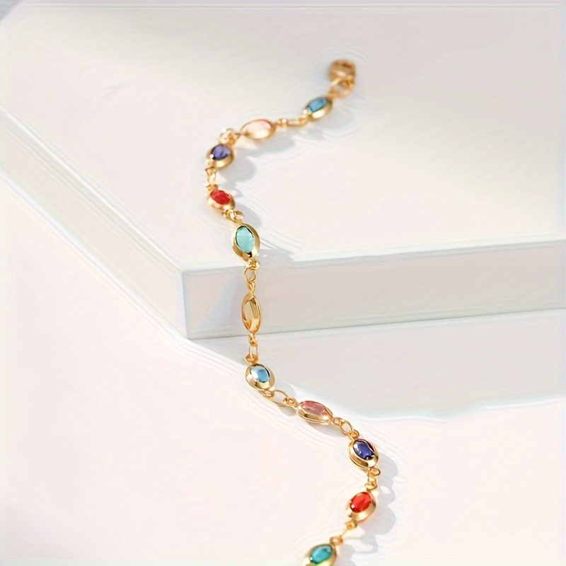 elegant simple style 18k gold plated bracelet with multicolored oval glass gemstones for daily wear and gift giving details 3