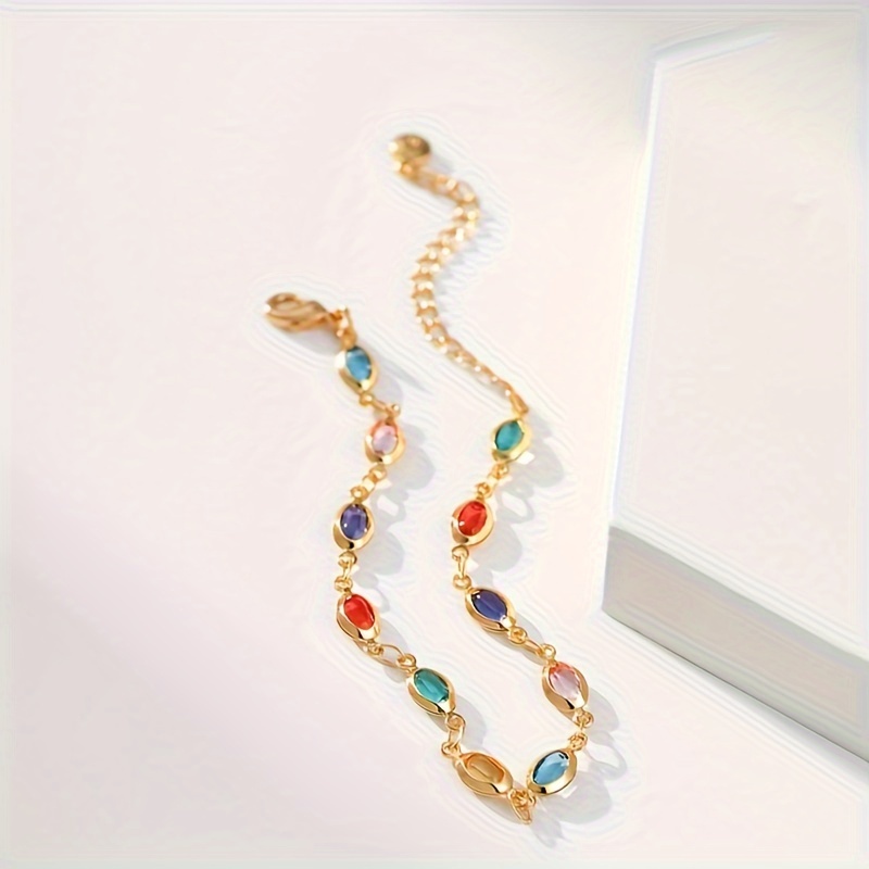 elegant simple style 18k gold plated bracelet with multicolored oval glass gemstones for daily wear and gift giving details 4