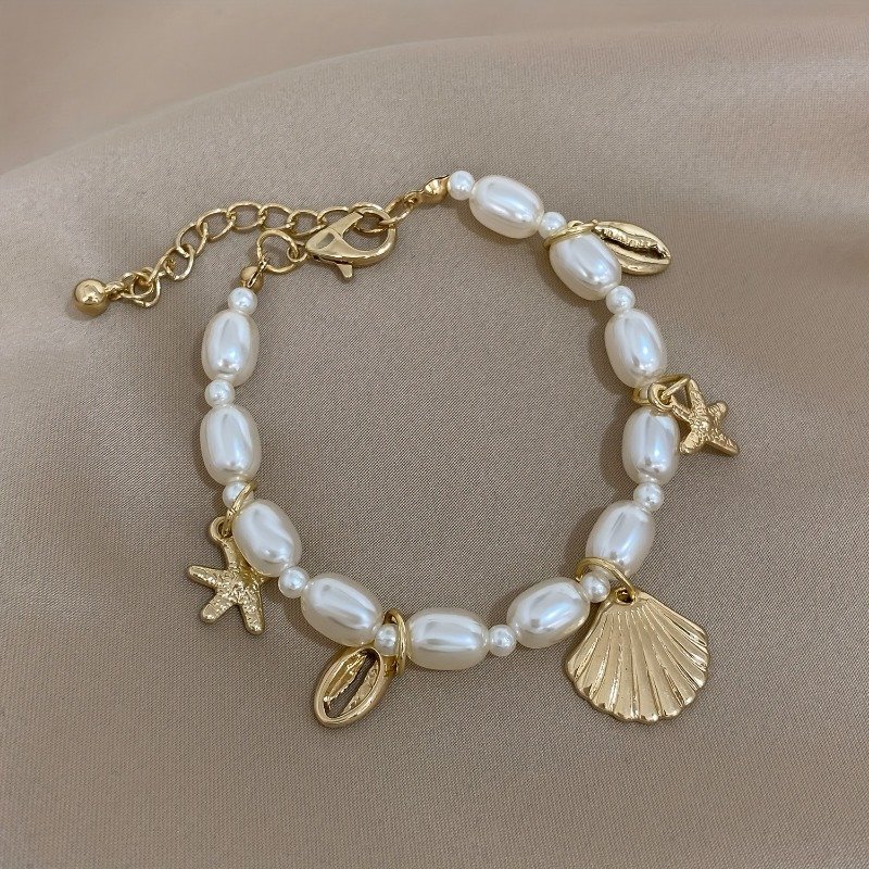 bohemian style faux pearl beaded bracelet seashell charm pendant link chain bracelets summer beach hand jewelry for women details 0