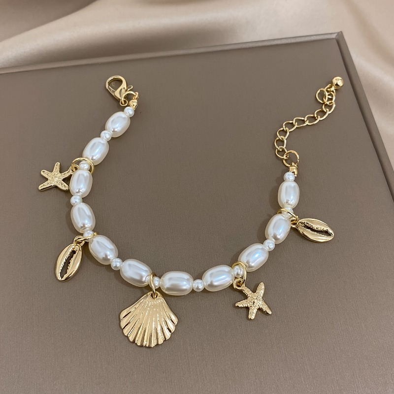 bohemian style faux pearl beaded bracelet seashell charm pendant link chain bracelets summer beach hand jewelry for women details 1