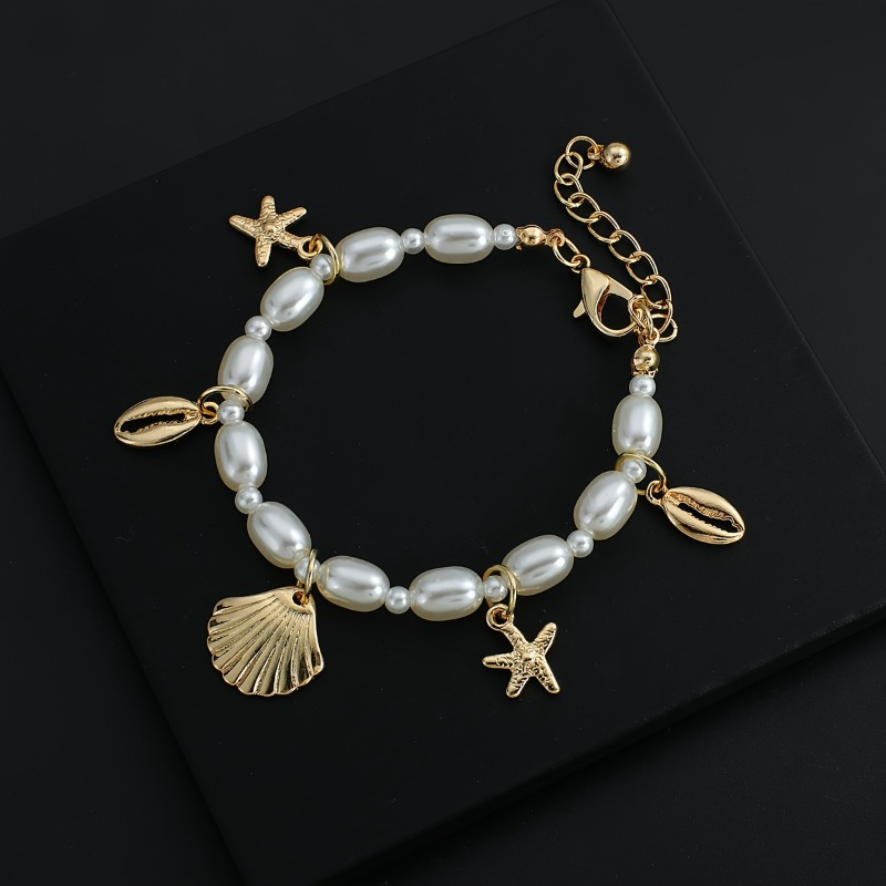 bohemian style faux pearl beaded bracelet seashell charm pendant link chain bracelets summer beach hand jewelry for women details 2