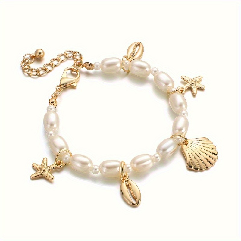 bohemian style faux pearl beaded bracelet seashell charm pendant link chain bracelets summer beach hand jewelry for women details 3