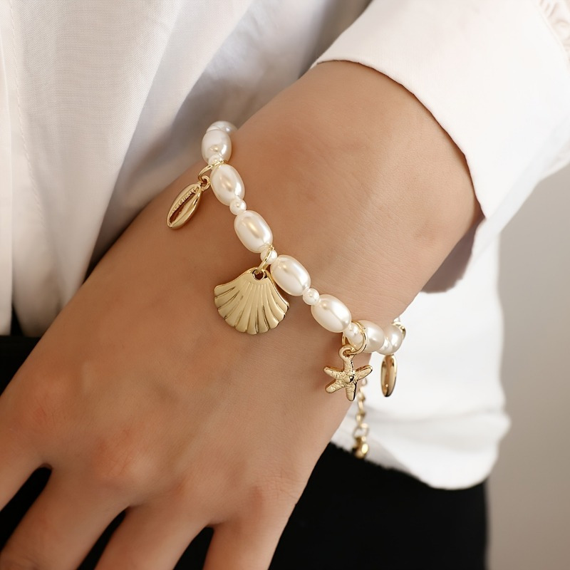 bohemian style faux pearl beaded bracelet seashell charm pendant link chain bracelets summer beach hand jewelry for women details 5