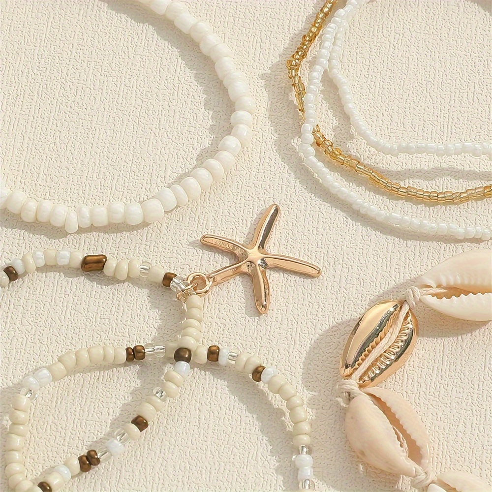 exquisite 7 pcs set of rice beads with shell design bracelet bohemian vintage style for women summer beach hand decor details 0