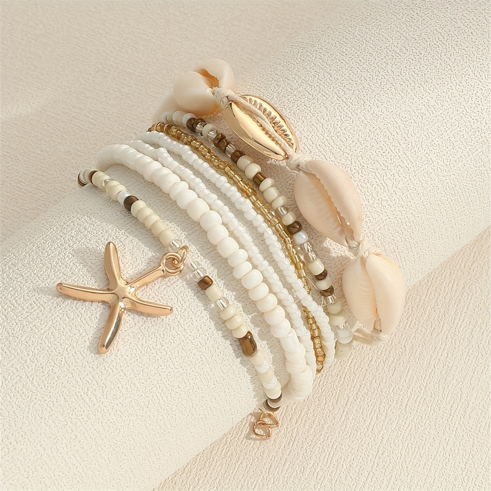 exquisite 7 pcs set of rice beads with shell design bracelet bohemian vintage style for women summer beach hand decor details 1