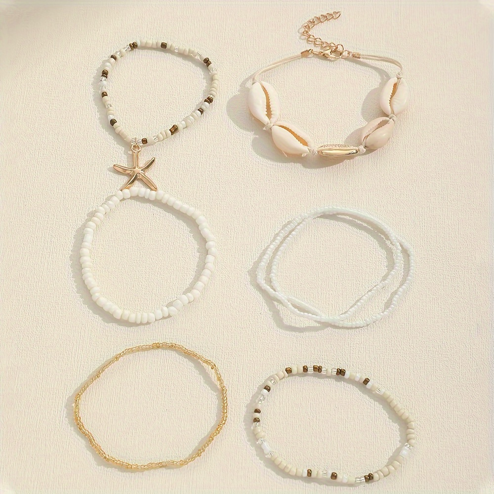 exquisite 7 pcs set of rice beads with shell design bracelet bohemian vintage style for women summer beach hand decor details 2