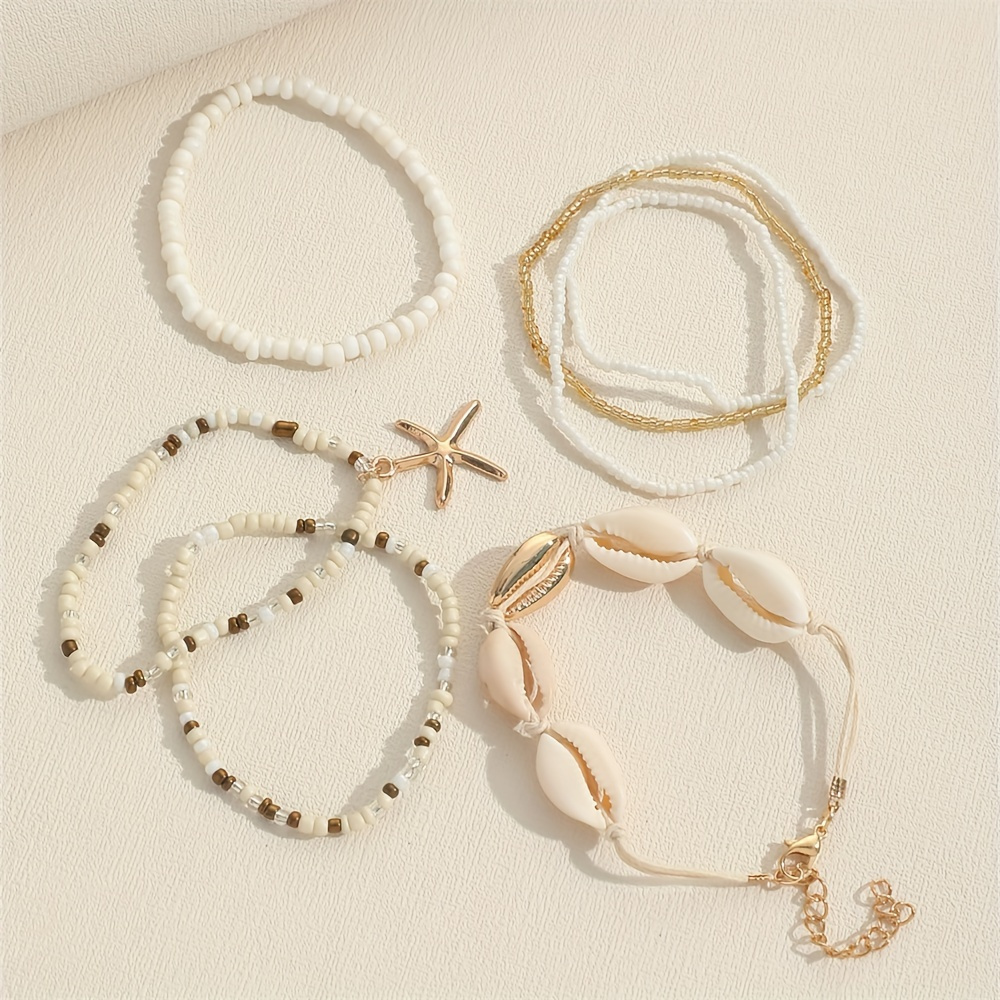 exquisite 7 pcs set of rice beads with shell design bracelet bohemian vintage style for women summer beach hand decor details 3