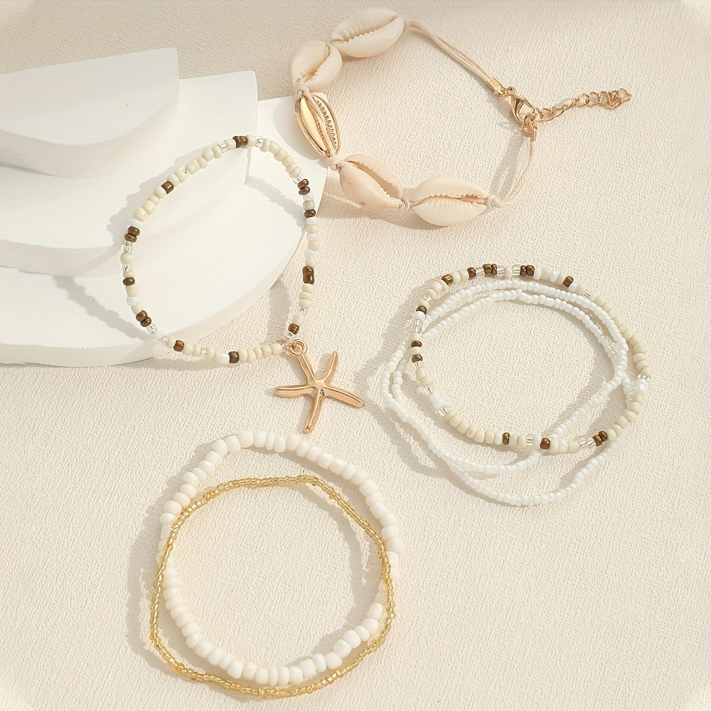 exquisite 7 pcs set of rice beads with shell design bracelet bohemian vintage style for women summer beach hand decor details 4