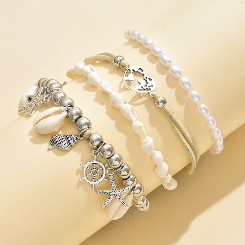 4 pcs set ocean style imitation pearl shell chain hollow heart pendant womens anklet set beach holiday beach party summer gift details 1