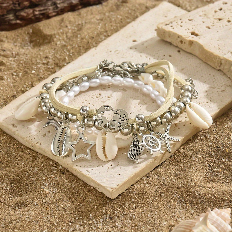 4 pcs set ocean style imitation pearl shell chain hollow heart pendant womens anklet set beach holiday beach party summer gift details 2
