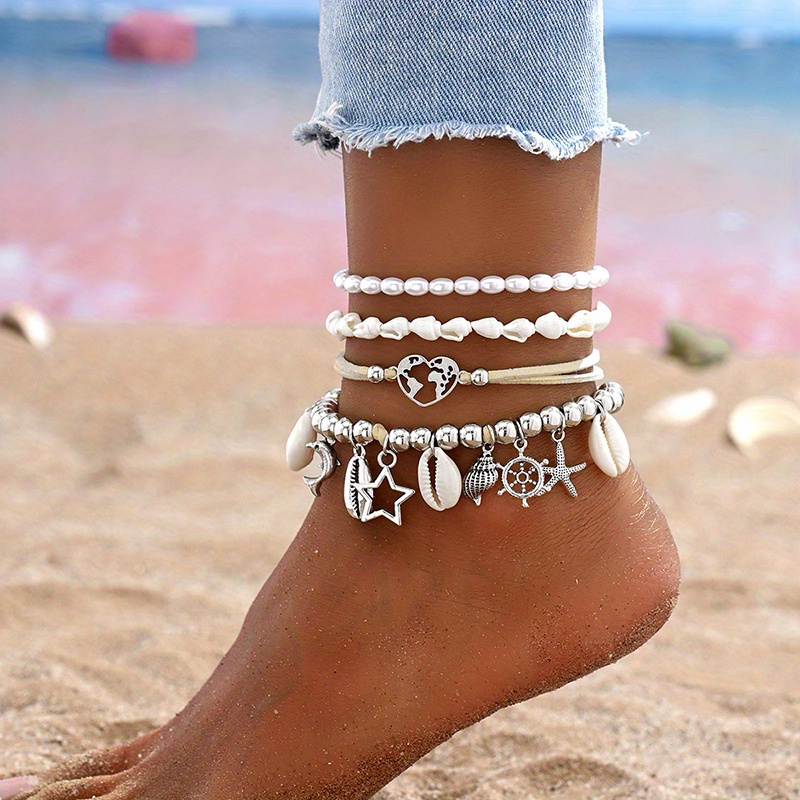 4 pcs set ocean style imitation pearl shell chain hollow heart pendant womens anklet set beach holiday beach party summer gift details 4