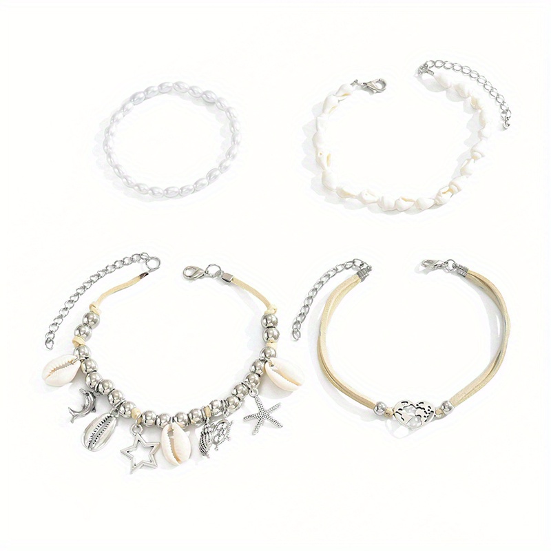 4 pcs set ocean style imitation pearl shell chain hollow heart pendant womens anklet set beach holiday beach party summer gift details 5